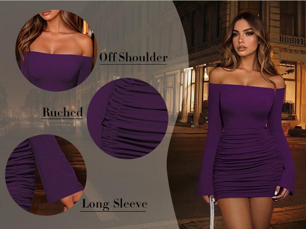Women's Fall 2026 Long Sleeve Bodycon Mini Dress - Off Shoulder Ruched Figure Hugging Cocktail Party Club Dress, TikTok Viral Streetwear Style Minimalist Sizes run small Petite Women's Fall 2026 Long Sleeve Bodycon Mini Dress - Off Shoulder Ruched Figure Hugging Cocktail Party Club Dress, TikTok Viral Streetwear Style Minimalist Sizes run small Petite