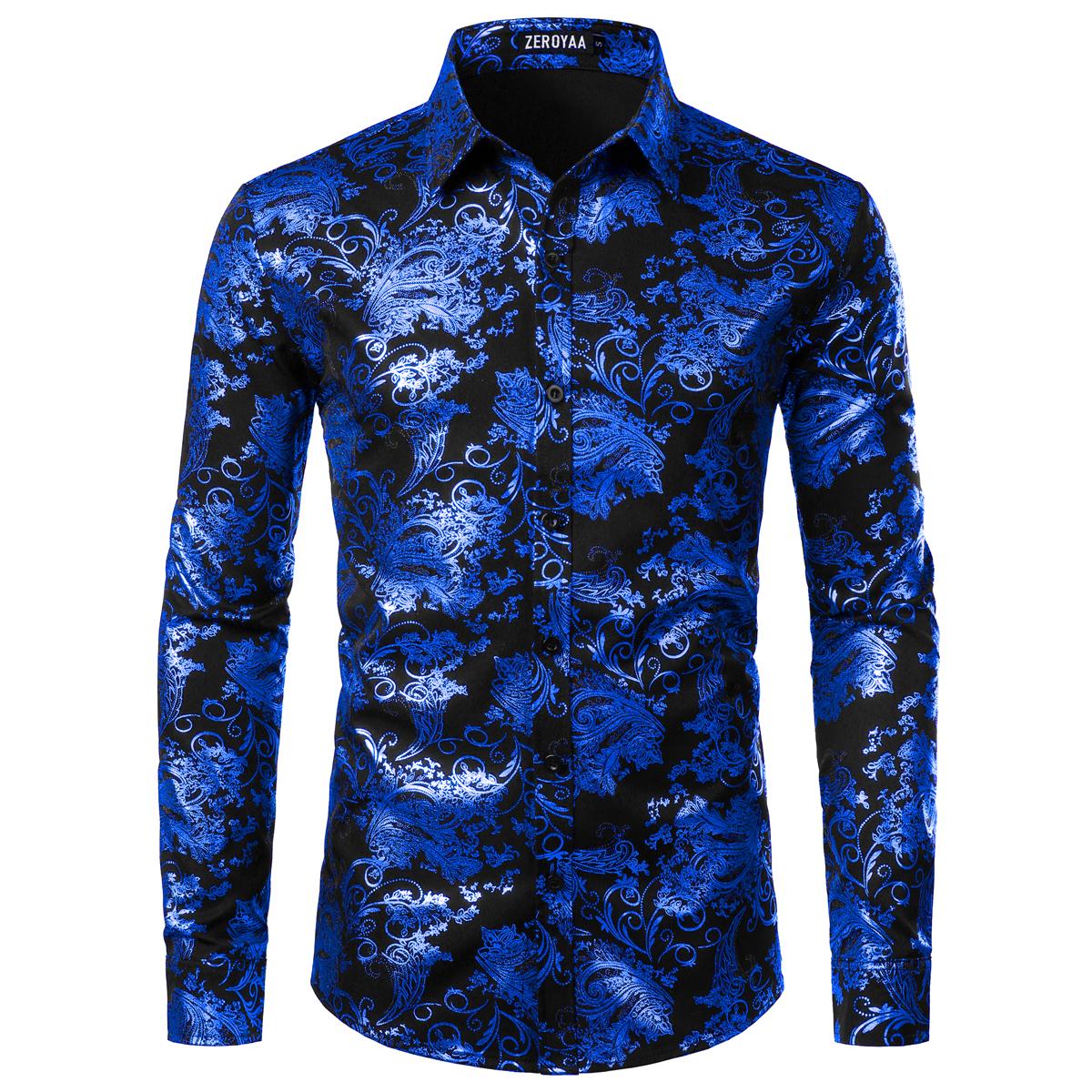 ZEROYAA Men's Luxury Paisley Dress Shirt Shiny Floral Printed Button Down Shirts for Party Prom Casual Elegant Father's Day Gift for Boyfriend Dad Gifts Black People Menswear Fabric Long Sleeve Top Vneck