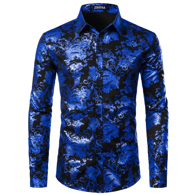 ZEROYAA Men's Luxury Paisley Dress Shirt Shiny Floral Printed Button Down Shirts for Party Prom Casual Elegant Father's Day Gift for Boyfriend Dad Gifts Black People Menswear Fabric Long Sleeve Top Vneck