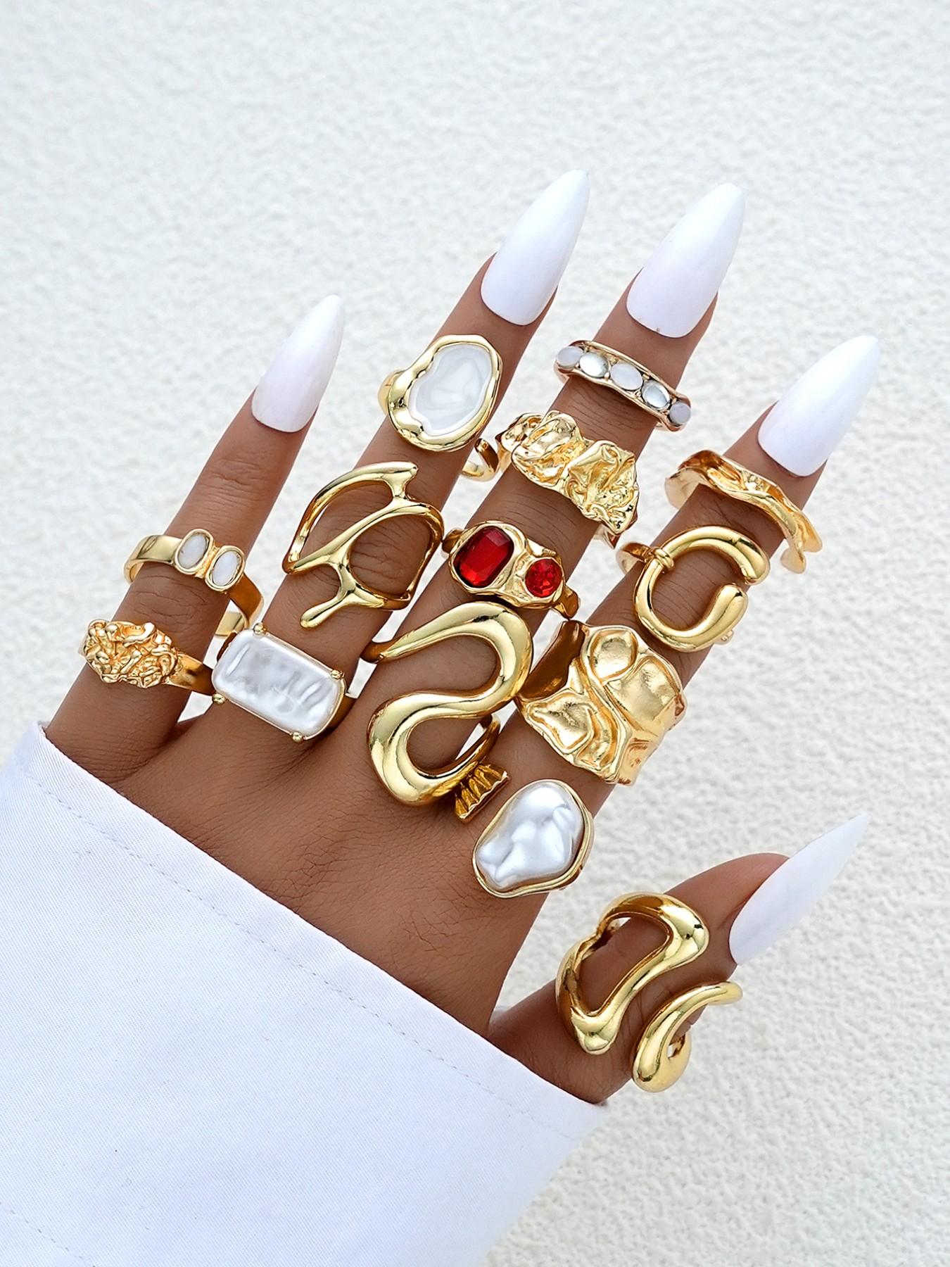 14-Piece Women's Fashion Stackable Rings Set, Vintage Chunky Boho Resin Pearl Colorful Rhinestone Wide Band Rings, Perfect Gift for Girlfriend Mom