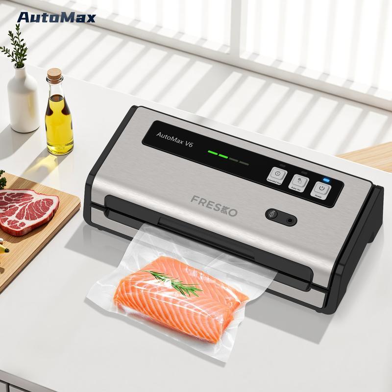 FRESKO AutoMax V6 Automatic Vacuum Sealer Machine, Double Heat Seal Food Saver with Built-in Cutter & Bag Storage, Includes Bags & Rolls