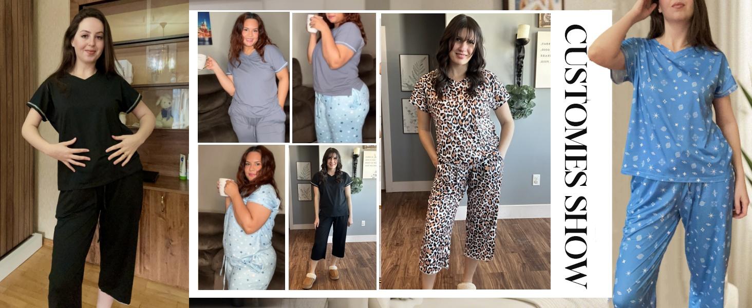 Marvmys Womens 2 Pack Pajama Sets Short Sleeve Pajamas Tops and Capri Pants Pjs Print Lounge Sets with Pockets S-3XL Loungewear Nightwear