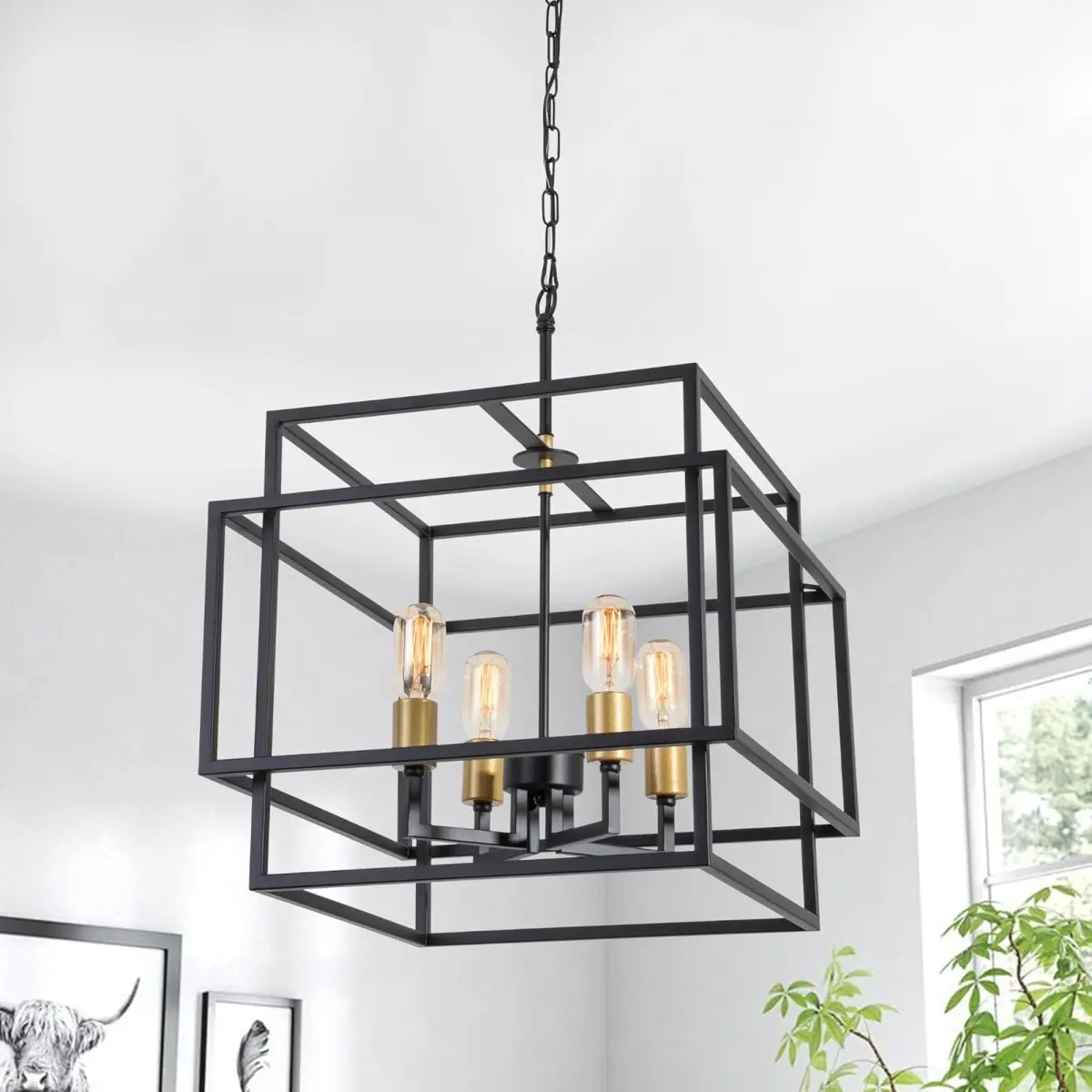 Modern Square Chandelier, 4-Light Farmhouse Pendant Lighting fixtures, for Kitchen Island, Dining Room, Bedroom, Living Room, Black&Gold Finish