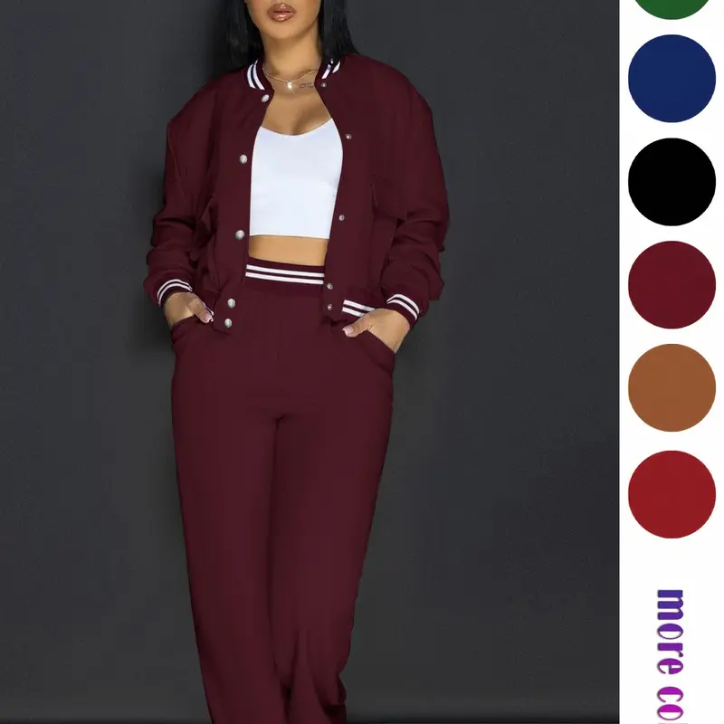 American Vintage Casual Women's Two-Piece Baseball Set, Striped Ribbed Knit Baseball Collar Button Short Jacket, Straight Leg Pants with Pockets