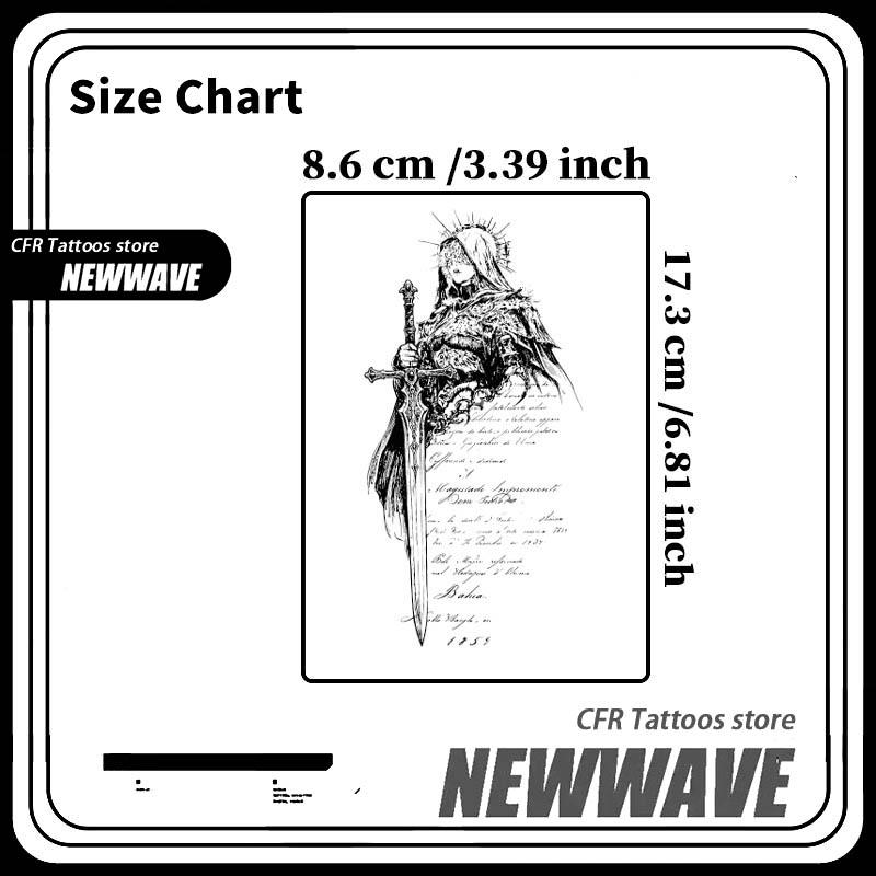 Vintage Script Holy Warrior Knight Sword Herbal Juice Semi Permanent Tattoo Sticker Waterproof Long Lasting Fake Body Tattoo Temporary Fake Tattoos Unisex Forearm Gothic Medieval Body Art Decal