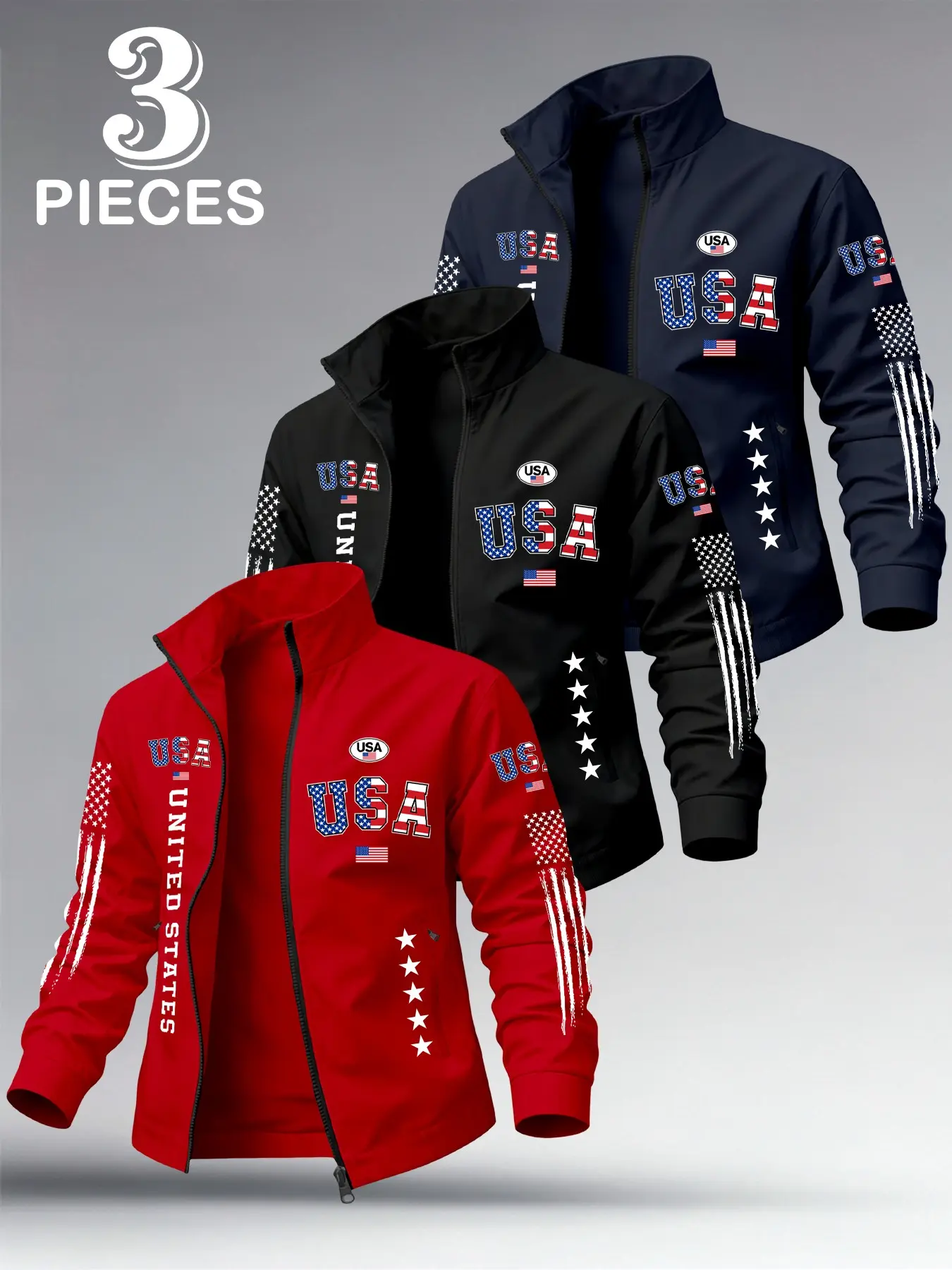 Men's Lightweight Stand Collar Jacket with Zipper Pockets, USA Flag Print, High-Quality Smooth Fabric, Casual Outerwear for All Seasons