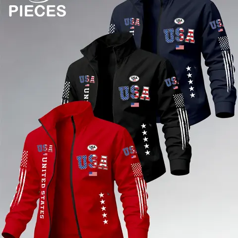 Men's Lightweight Stand Collar Jacket with Zipper Pockets, USA Flag Print, High-Quality Smooth Fabric, Casual Outerwear for All Seasons