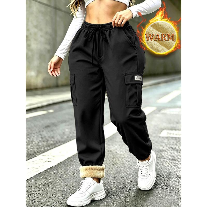 Men's Basic Loose Nylon Blend Fleece-Lined Cargo Pants - Warm Winter Casual, Multi-Pocket, Cuffed Tapered Streetwear Bottom for Urban Daily Wear