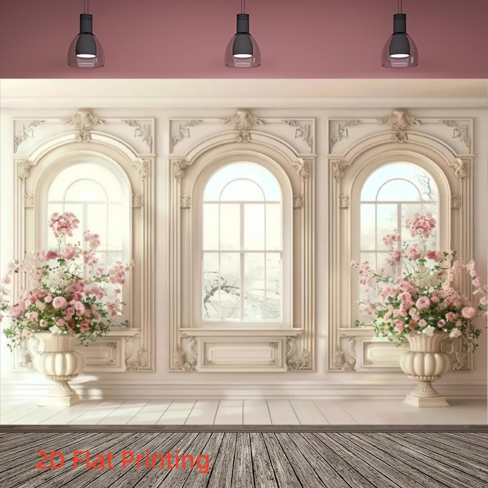French Vintage Arch Background Cloth, European Floral Window Scene Rose Vase Photo Hanging Cloth, Wedding Birthday Party Decor