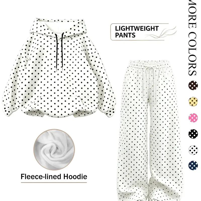 Women's Polka Dot Pattern Two-piece Set, Casual Set, Loose-Fitting Long Sleeve Hoodie & Elastic Waist Wide-leg Pants, Comfortable and Soft Fabric, Loungewear, Suitable for Home & Daily Wear, Available in Multiple Colors