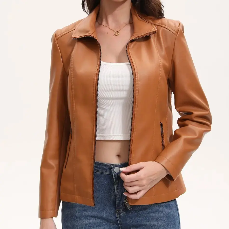 Women's Classic Slim Fit PU Leather Biker Jacket, Faux Leather Shacket Jacket Women Streetwear Plus Sizes Camel Red S-2XL
