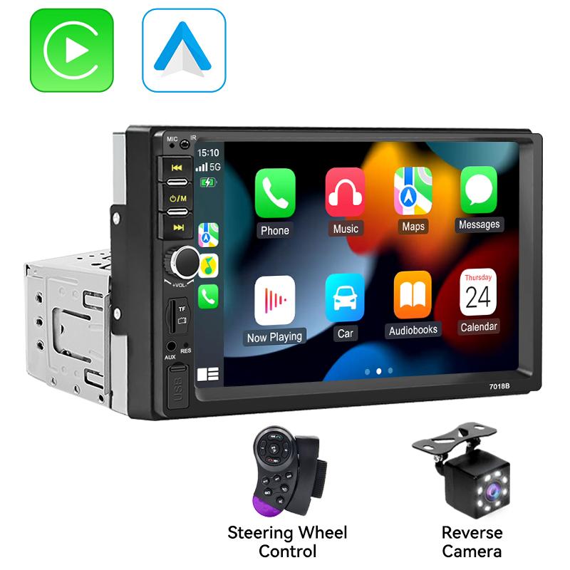 7 Inch 1 DIN Car Display with Wired Carplay Android Auto Bluetooth-compatible 5.0 Mirror Link, Supports Rear Camera USB TF Aux Fm 12V Adapter Radio, Car Video Player.