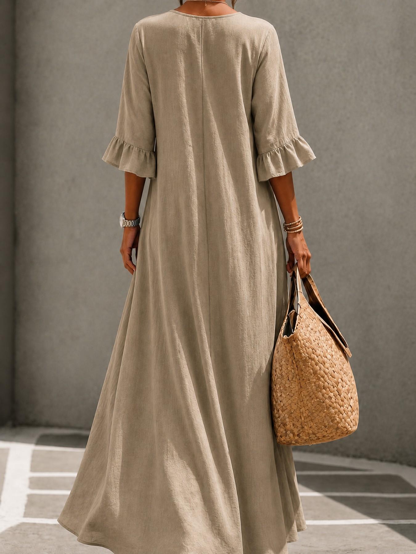 Women's Boho Style Loose-Fitting Wooden Texture V-Neck Dress, Leaf Sleeve Round Button A-Line Long Dress, All Seasons Fashion