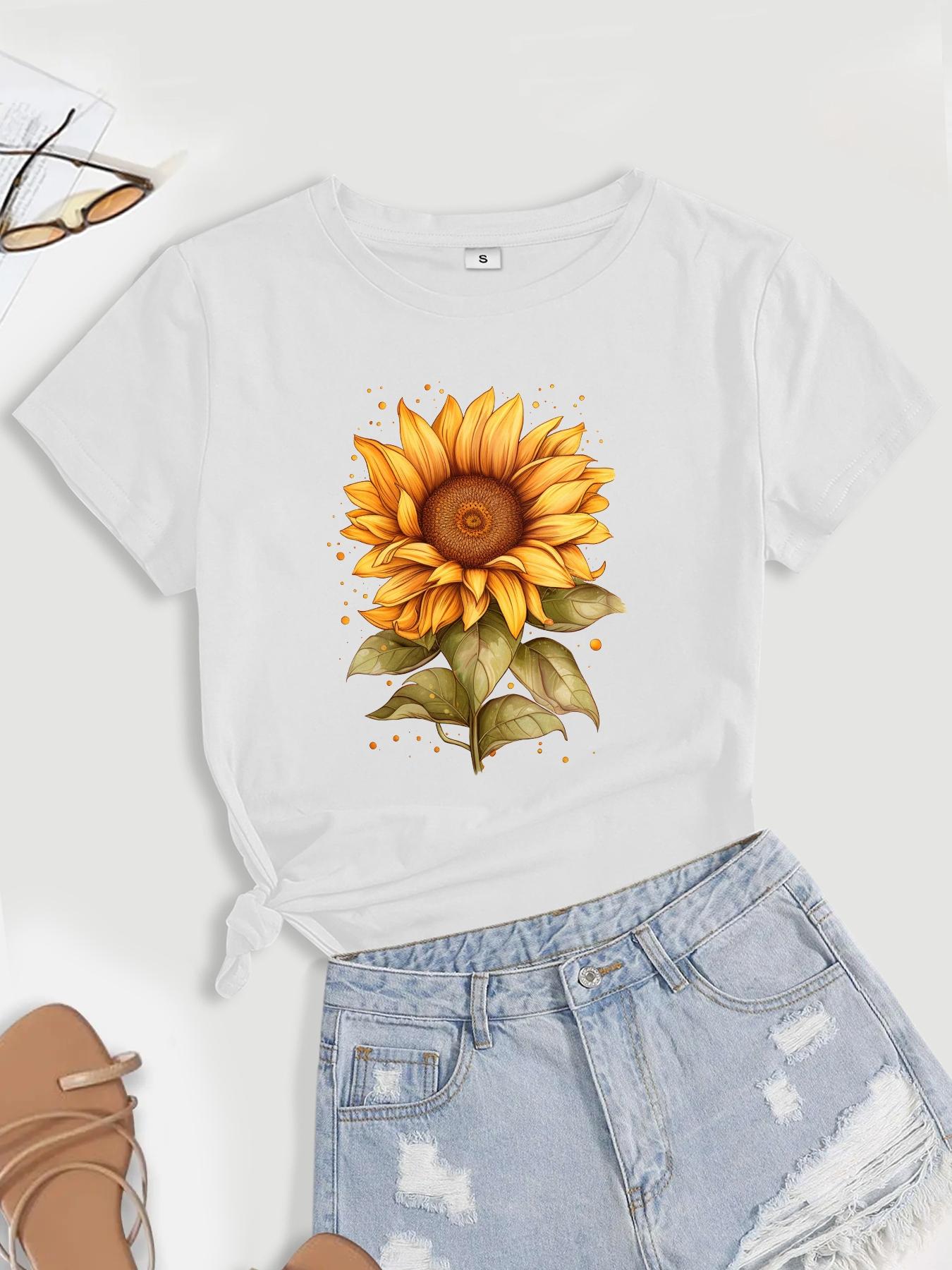 Women's Sunflower Print Round Neck Tee, Summer Clothes Women, Casual Short Sleeve Crew Neck T-shirt for Summer, Summer Outfits 2024, Graphic Tees, T Shirts for Women, Women's Top for Daily Wear