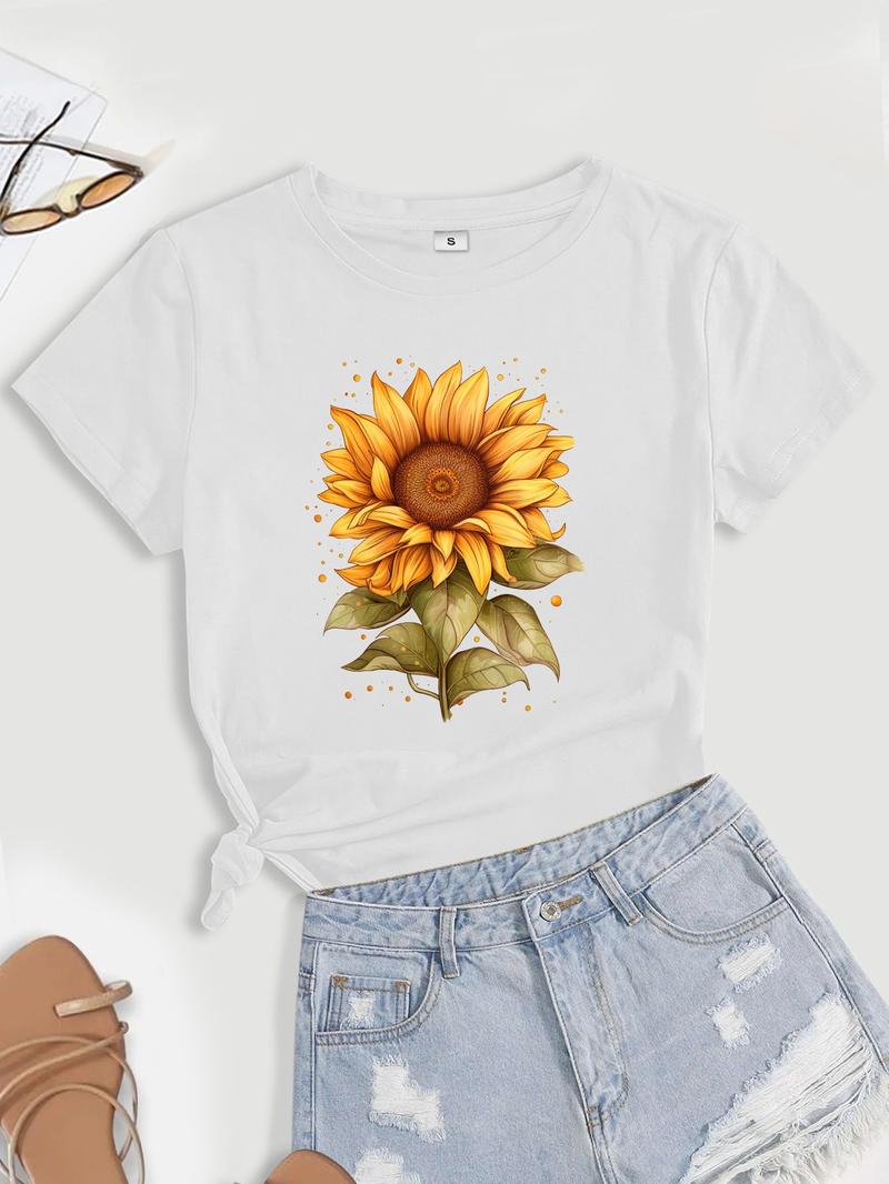 Women's Sunflower Print Round Neck Tee, Summer Clothes Women, Casual Short Sleeve Crew Neck T-shirt for Summer, Summer Outfits 2024, Graphic Tees, T Shirts for Women, Women's Top for Daily Wear