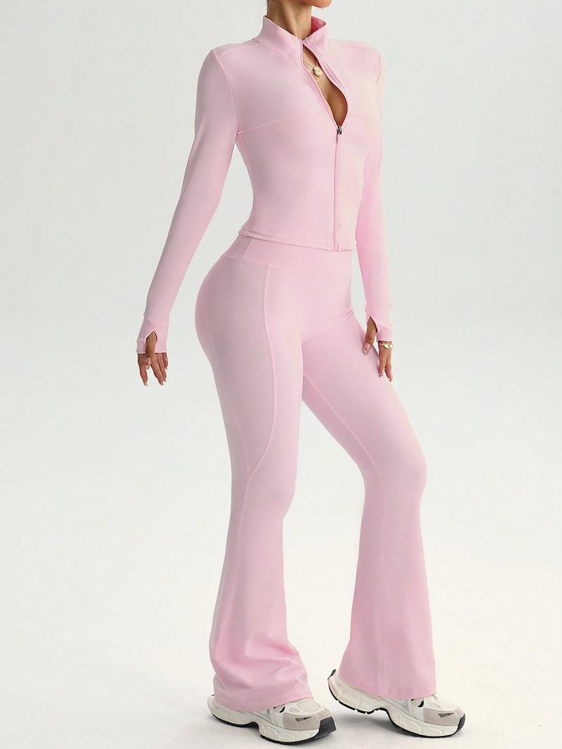 Two piece set women's loungewear set with long-sleeve zip-up jacket and wide-leg pants suitable for outings vacations airport travel Comfortable casual stylish pajama set for women with long sleeves and long pants