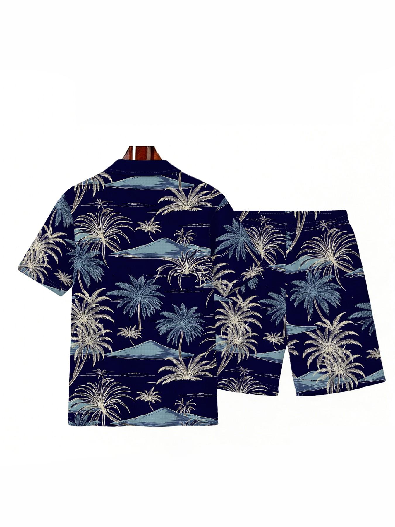 Men's Navy Palm Island Style Polo Set, Loose-Fit Zipper Top, Casual All-Over Print, Summer Breathable Beach Wear, Large Size