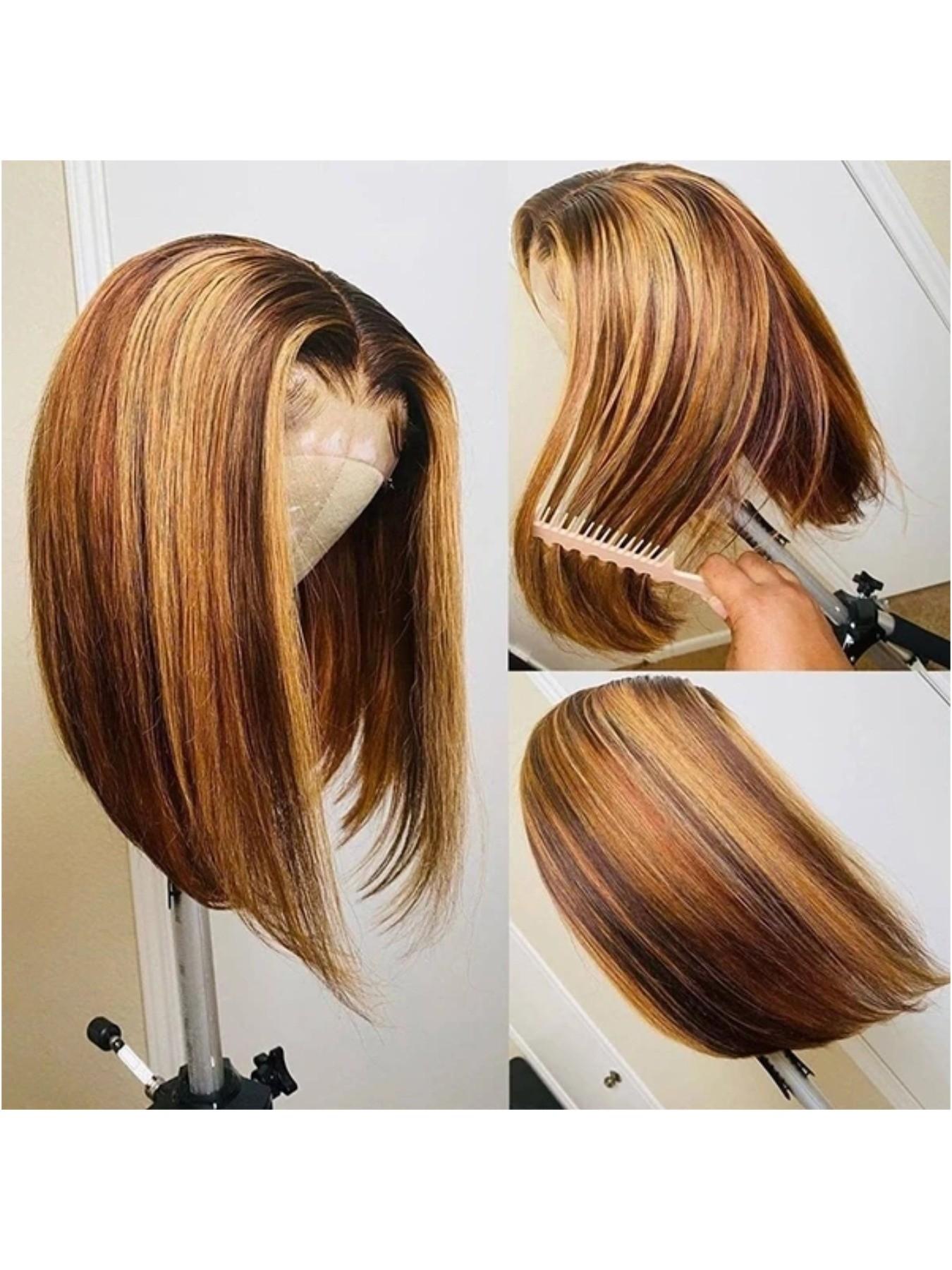 180% Density 13x4 Highlight Ombre Full Lace Frontal Bob Wig Human Hair 12A Brazilian Virgin Human Hair Pre Plucked 4/27 Honey Blonde HD Transparent Lace Glueless Wigs Human Hair