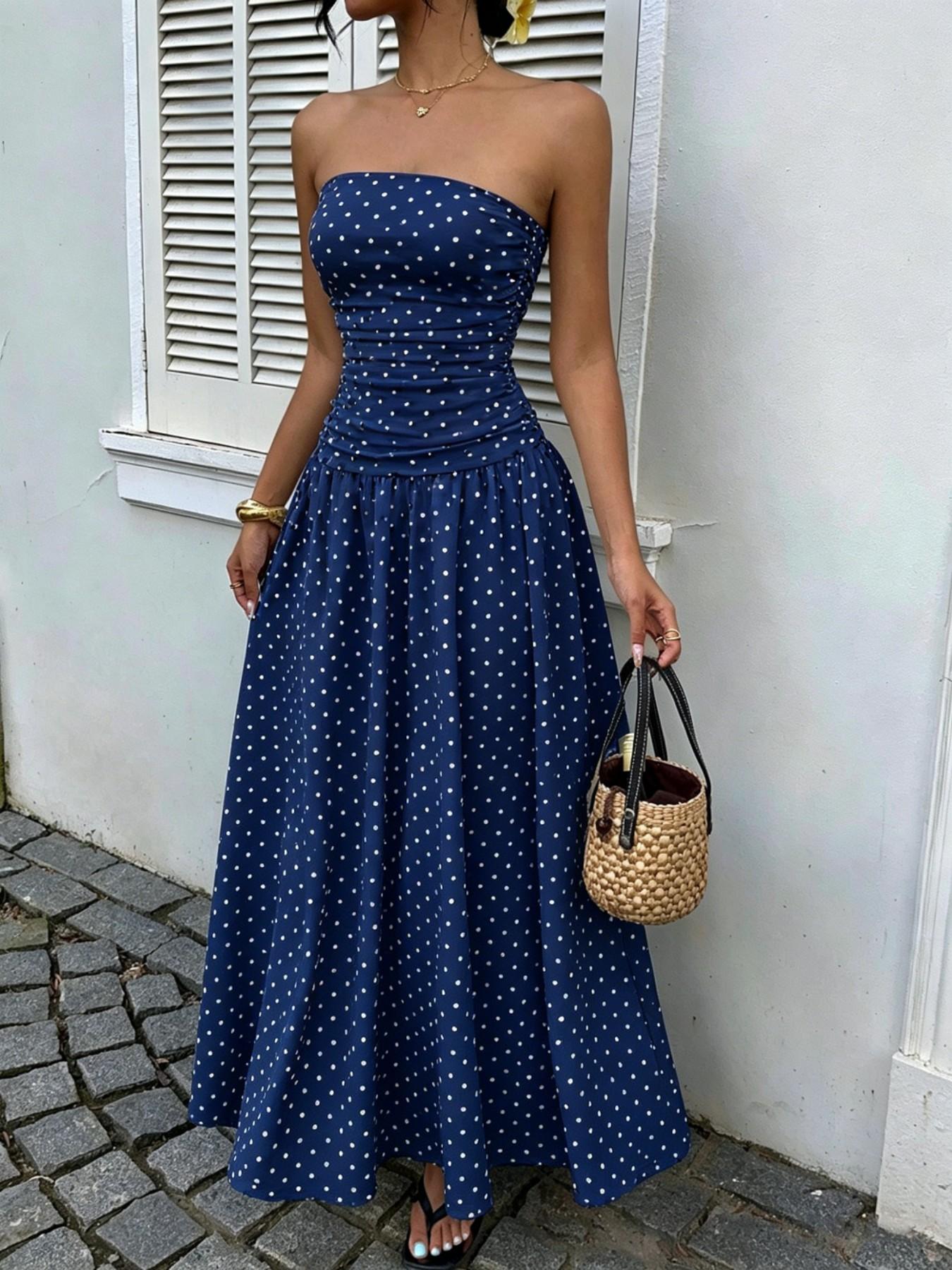 Women's Elegant Chic Fashion Polka Dot Strapless Dress, Stylish Sleeveless Maxi Dress for Parties and Casual Wear Womenswear, Elegant Evening Dress Women's Elegant Chic Fashion Polka Dot Strapless Dress, Stylish Sleeveless Maxi Dress for Parties and Casual Wear Womenswear, Elegant Evening Dress