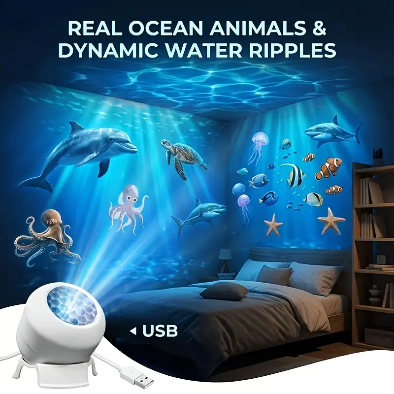Dynamic Ocean Projection Night Light, LED Decorative Projector, 360° Rotating Table Lamp, Multi-Angle Projector, USB-Powered, Indoor Ocean Projection Light, Static/Dynamic Modes, Decorative Lighting for Bedrooms, Game Rooms, Stages, and Photo Sets; Gifts