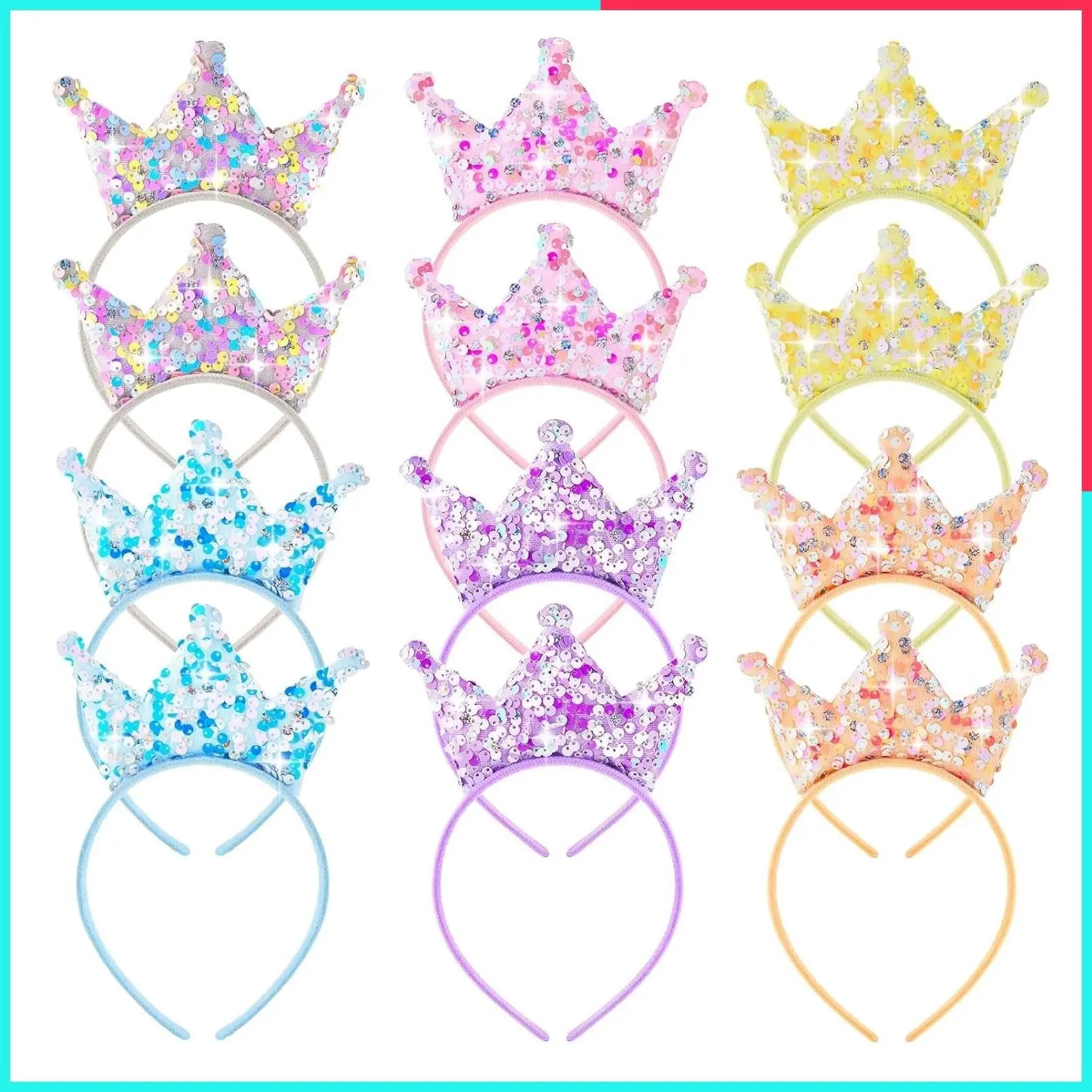 12 Pack Glitter Sequin Princess Crown Headbands - Sparkly Party Favors for Birthday, Prom, Gifts, Multi Colors