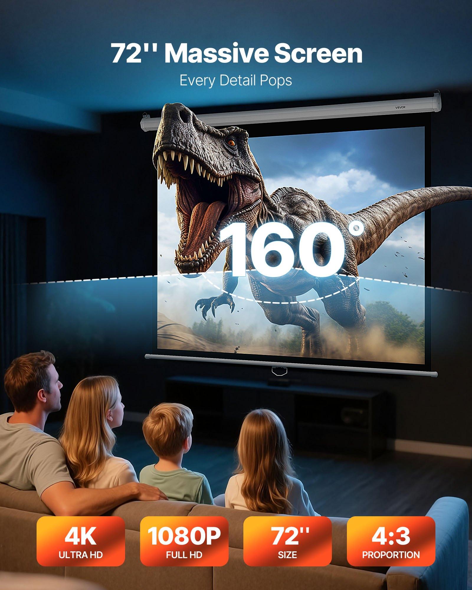 VEVOR Manual Projector Screen, 72 inch 4: 3 4K 1080 HD Retractable Pull Down Projector Screen, Wall Mounted Movie Projection with Pull Rope, Portable Display Projectoin for Family Home Office Theater, Iron, 3D