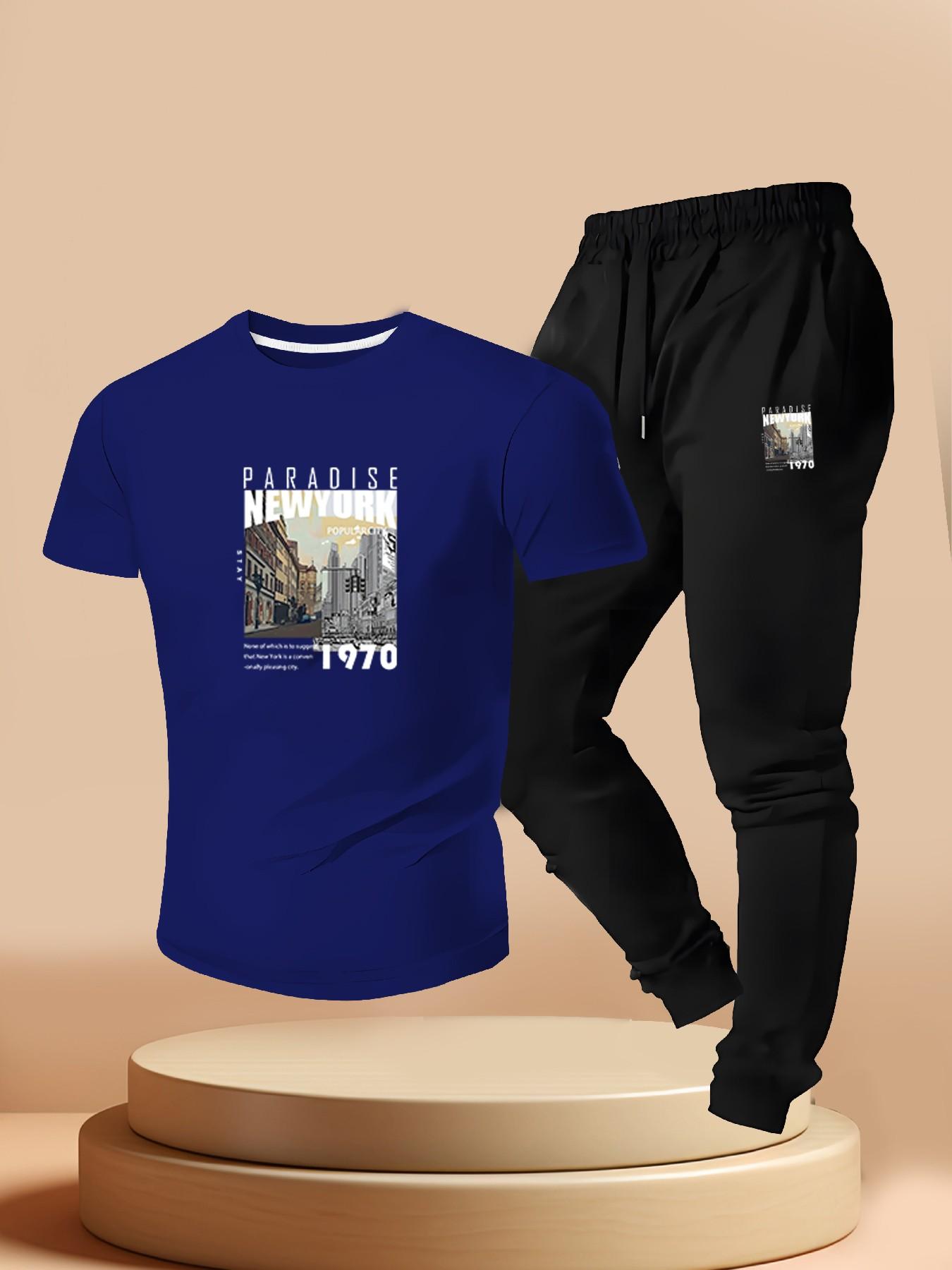 American Vintage New York 1970s Paradise City Print, Men's Short Sleeve Tee + Joggers Set, Summer Urban Style, Slim Fit, Regular Length