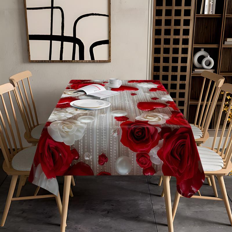 【 1PC 】 Romantic Printed Polyester Tablecloth with Rose, Pearl, and Heart Patterns, Suitable for Home, Kitchen, Restaurant, Party, Holiday - Indoor/outdoor Use