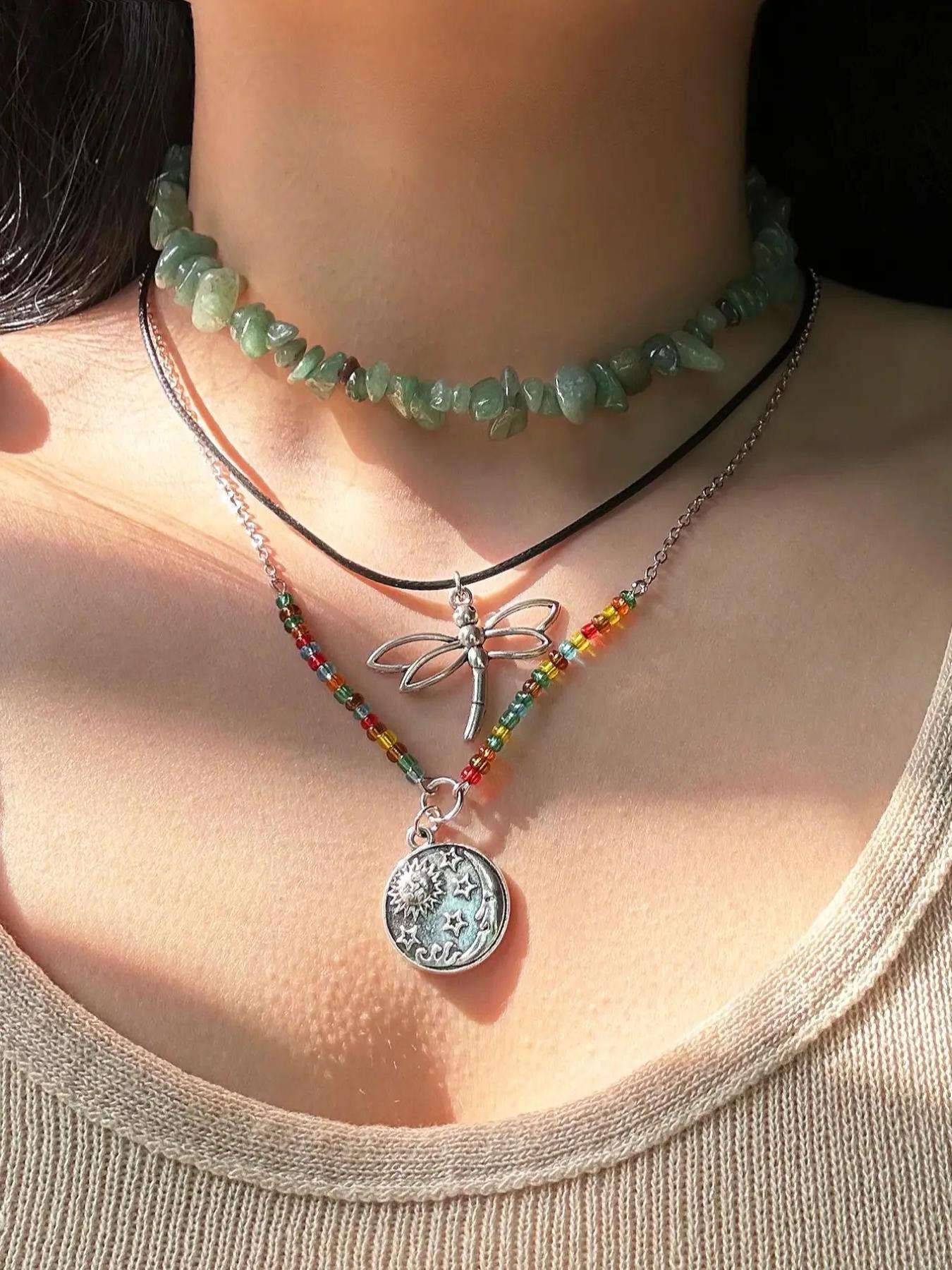 3pcs/set Women's Boho Style Dragonfly Pendant Necklace & Beaded Necklace, Vintage Retro Trendy Necklaces, Exquisite Jewelry without Box for Women