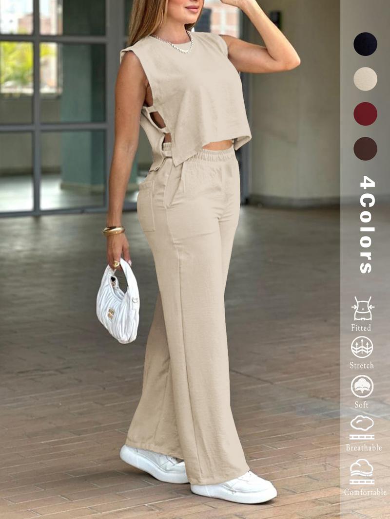 2025 Women's 2PCS Set - Sleeveless Side Cutout Top & Wide-Leg Pants | Loose Fit, Elastic Waist w/Pockets | OOTD for Spring/Summer/Autumn | Office, Commute & Daily | All Body Types | #Fashion2025 #WorkWardrobe #LoungeElegance