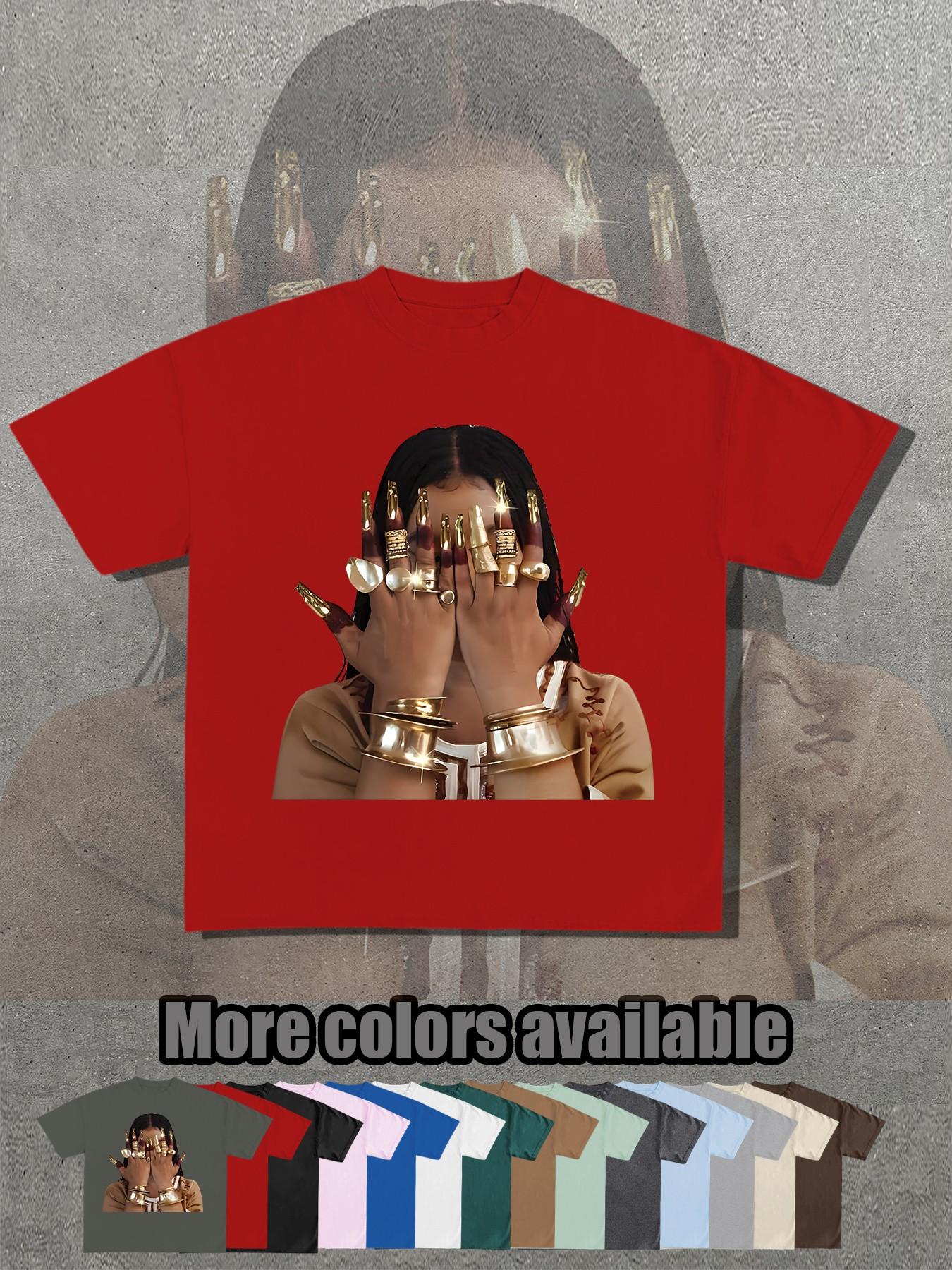 14 Color Options, Retro Egyptian Queen Gold Nail Print T-Shirt, Unisex Short Sleeve, Loose Fit, Street Style, Summer Fashion Essential