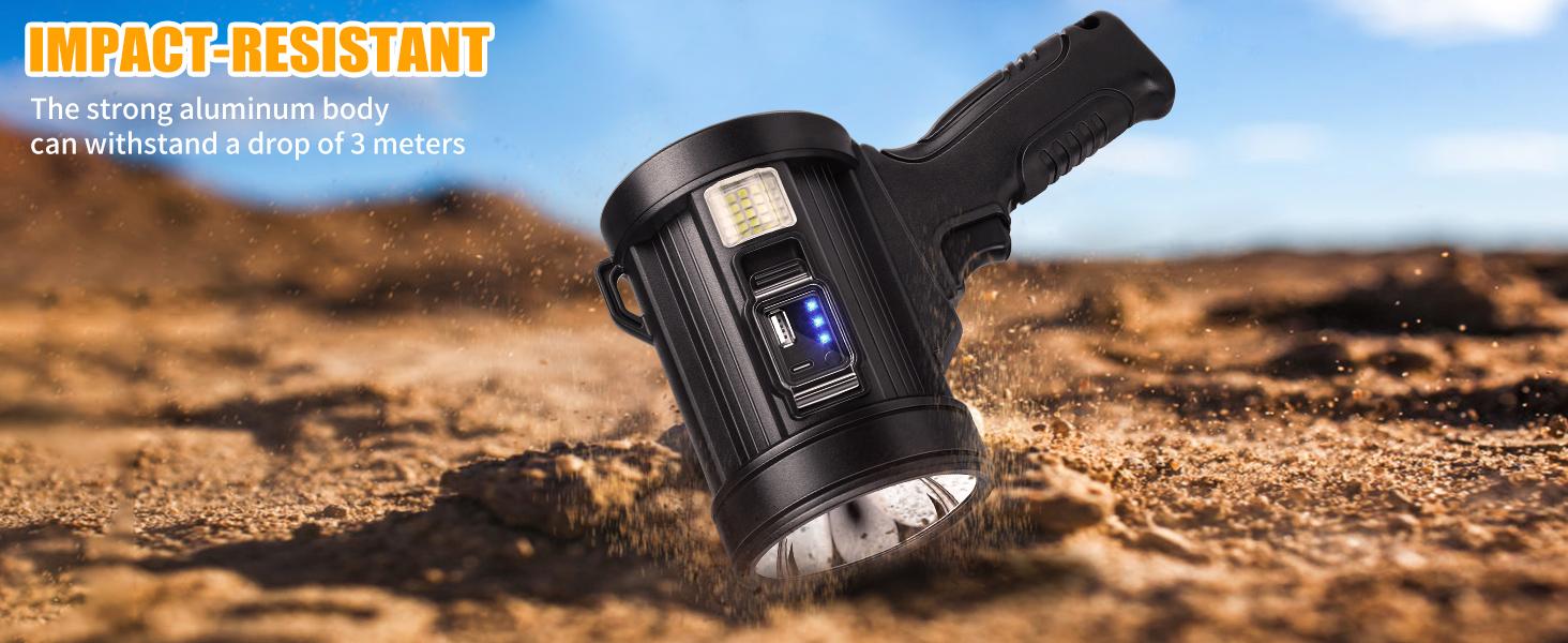 Rechargeable Searchlight Bright LED Spotlight Flashlight with 6 Modes Solar Panel Waterproof for Hunting Camping Boat 3000mAh Battery IPX5 Waterproof