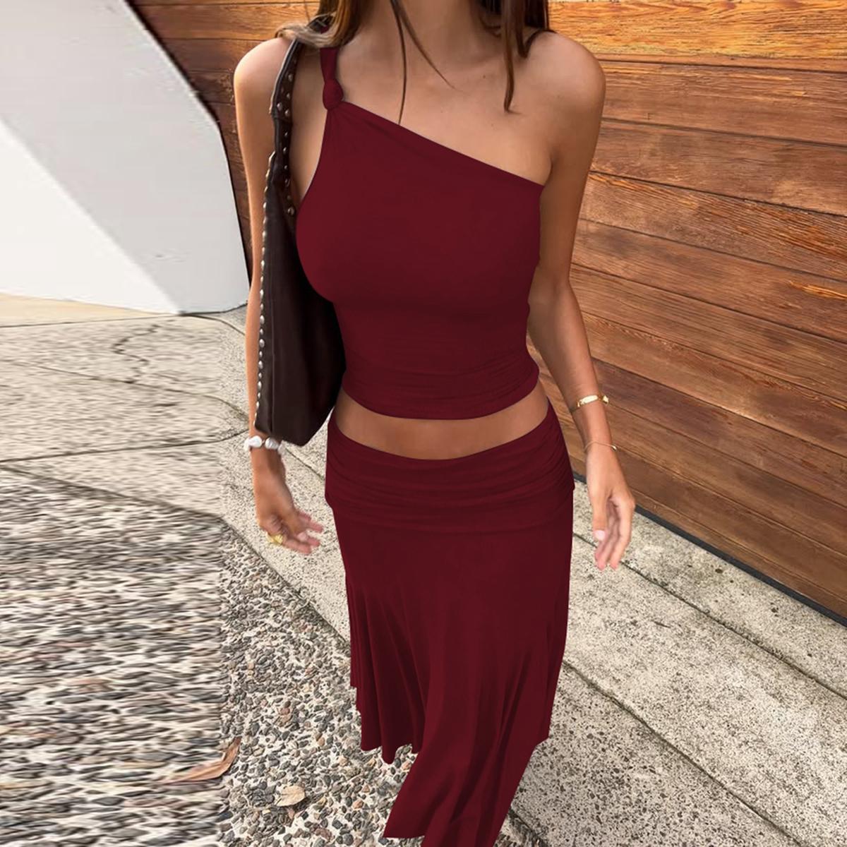 Two-piece Set, Beach Outfits Set, Women's Solid Color One Shoulder Knotted Sleeveless Tank Top & Bodycon Ruched Irregular Hem Skirt, Casual Outfits for Daily Outdoor Wear, Ladies Clothes for Summer