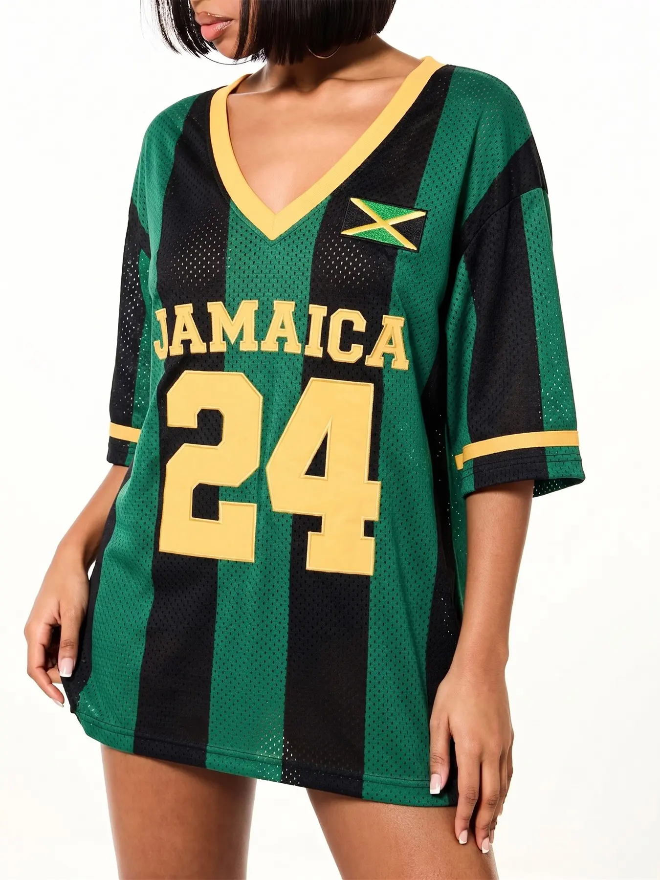 Women Jamaica 24 Striped Mesh Jersey Top, V Neck Half Sleeve Oversized Loose Sports Tee, Breathable Quick Dry Mesh Fabric Retro Streetwear Shirt, Flag Patch Decor Casual Hip Hop Going Out Trendy Loose Fit Basketball Style T-Shirt Perfect for Matching