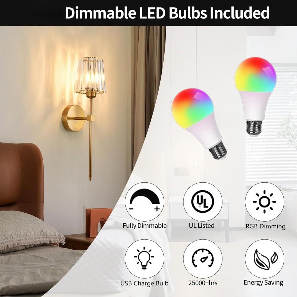 2-Pack Rechargeable Wall Lamps, Crystal Shade, RGB Bulb, Remote Control, Adjustable Light, Ideal for Bedroom, Living Room, Kitchen, Hallway, Entryway