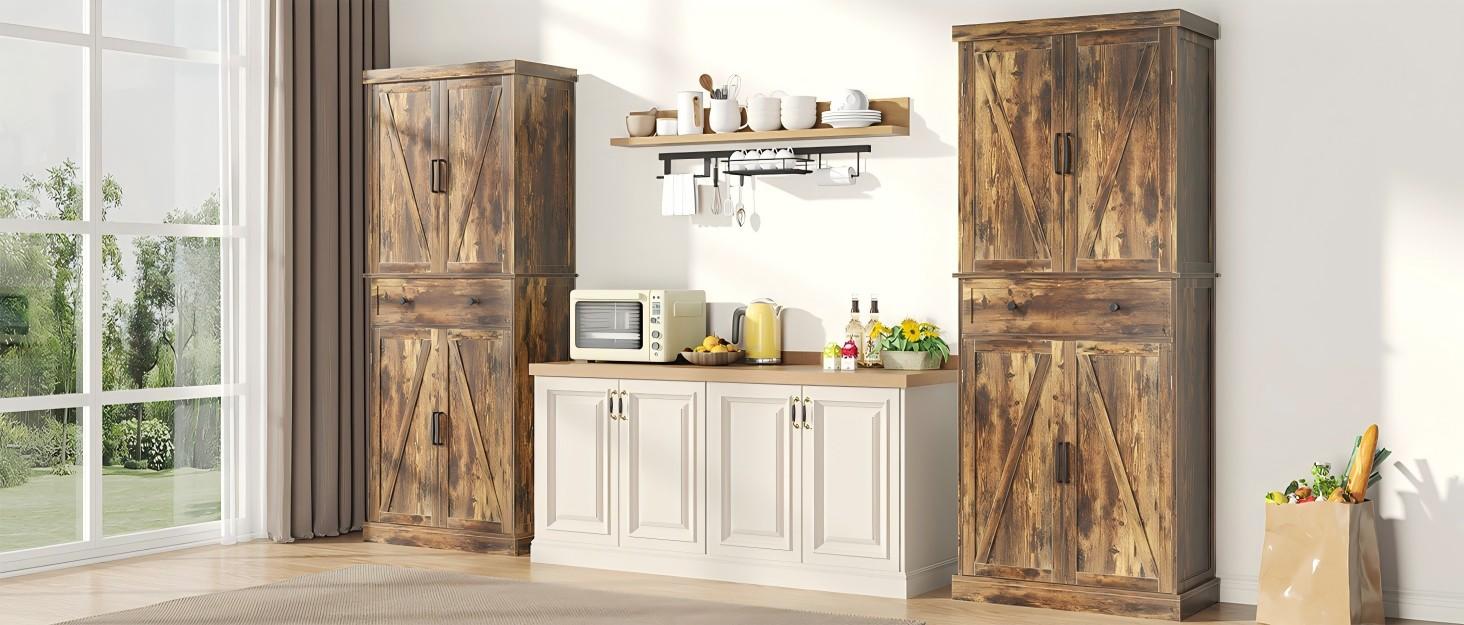 72” Pantry Cabinets, Tall Kitchen Pantry Cabinet with Drawer and Adjustable Shelves, Buffet Cupboards Kitchen Pantry Storage Cabinet for Kitchen, Living Room, Dining Room Use