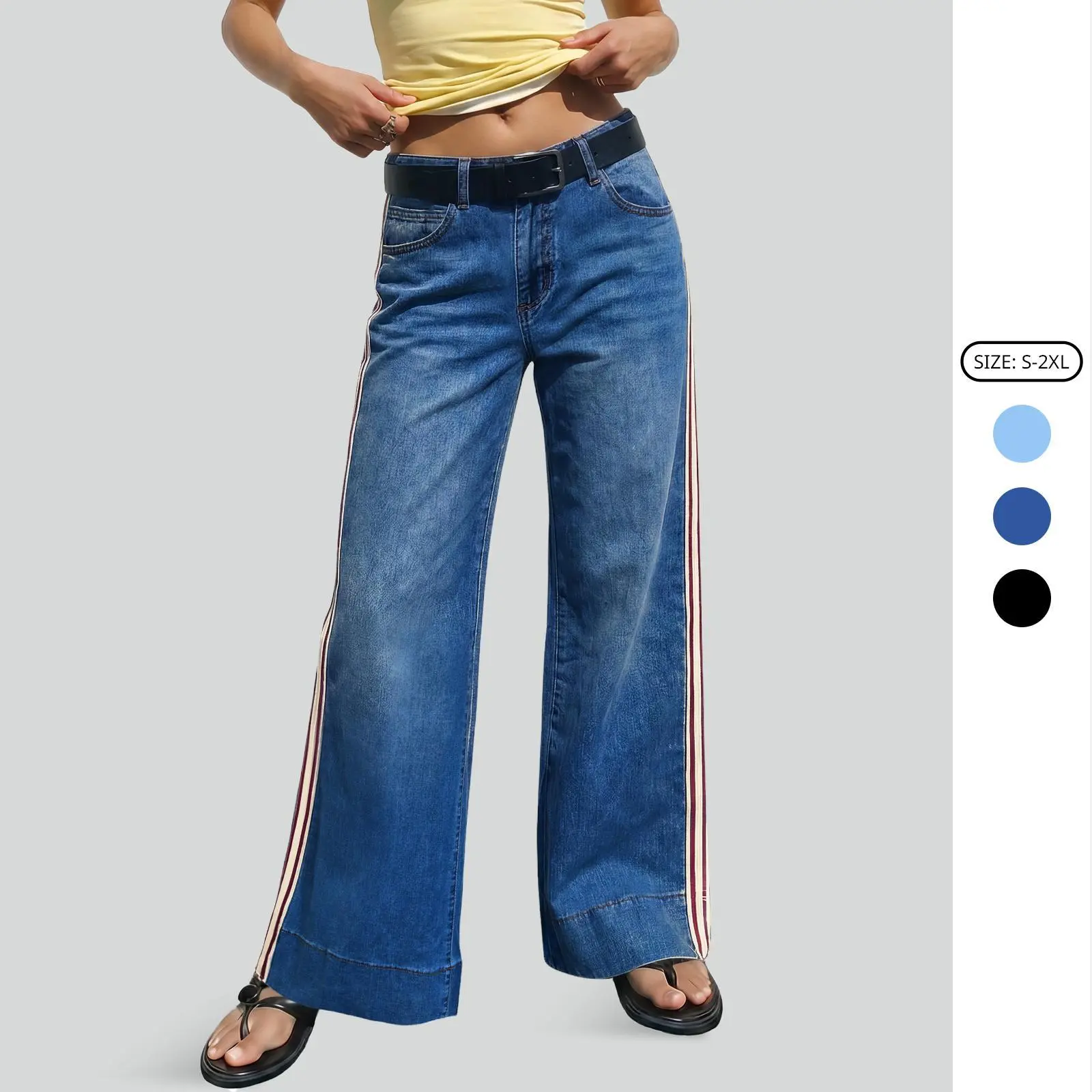 Imily Bela Women's Casual Wide Leg Jeans Side Striped Vintage Washed Denim Flare Pants