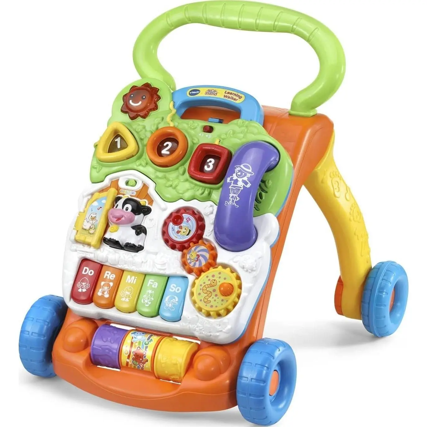 2-in-1 Sit-to-Stand Toddler Walking Helper, Safe Plastic Activity Pusher with Button Shapes & Walker Pattern, Early Educational Interactive Baby Toy