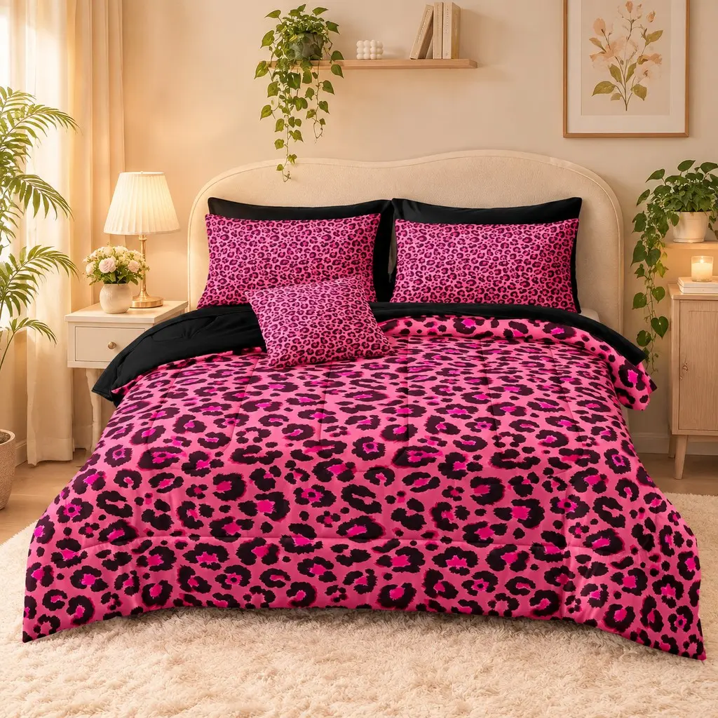 Leopard Print Queen Size Bedding Set, 3 Piece Suite, Bright Leopard Animal Print, Wild Leopard Pattern, Includes Blanket and Pillowcases