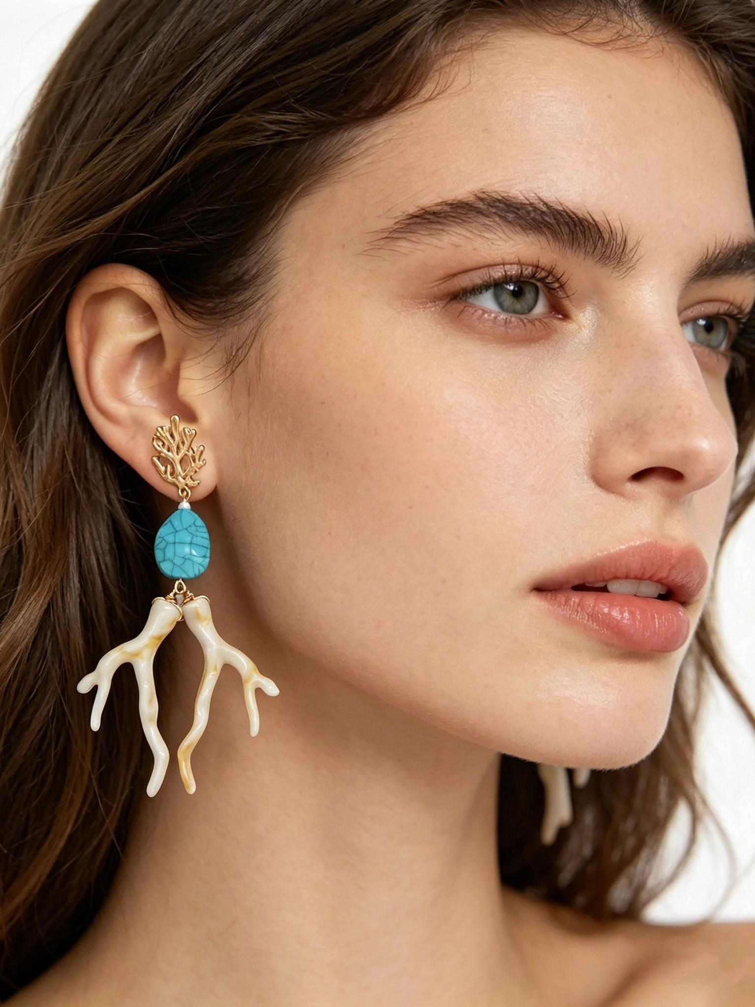 Boho Turquoise Geometric Acrylic Coral Earrings, Multicolor Fashion Alloy Ear Studs, Ocean Casual Vacation Style Jewelry