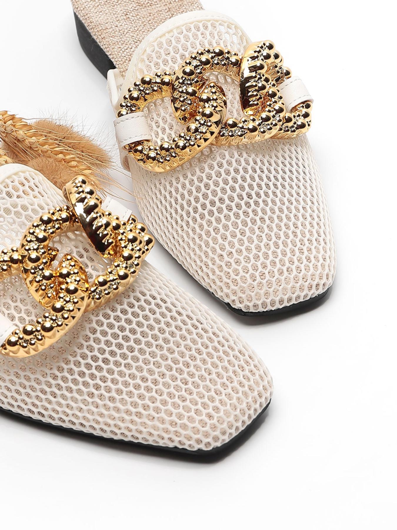 Women's Fashion Slip-On Sandals, Metal Chain Design, Breathable Mesh Upper, Eva Sole, Summer Casual Beach Shoes, Slip On Mules