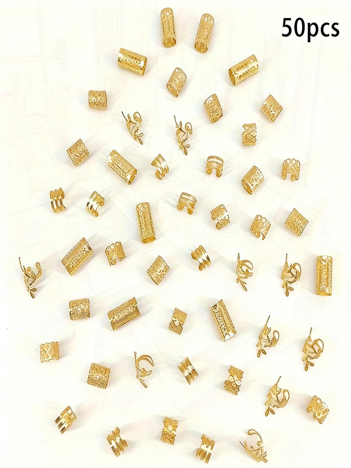 50 Pcs Boho Style Hair Rings Set, Vintage Alloy Hair Bands, Hollow Round Women's Headwear, Elegant Solid Color Braided Hair Accessories