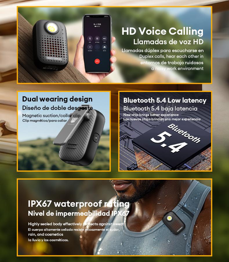 Transformers TF-Y07 PRO Bluetooth Speaker Dual Wear Design with Magnetic/Clip Collar, HiFi Stereo Sound, IPX67 Waterproof