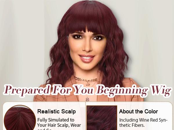 [ AISI HAIR ] Curly Bob Wig with Bangs Short Wavy Wine Red Color Wigs for Women Bob Style Synthetic Heat Resistant Bob Wigs