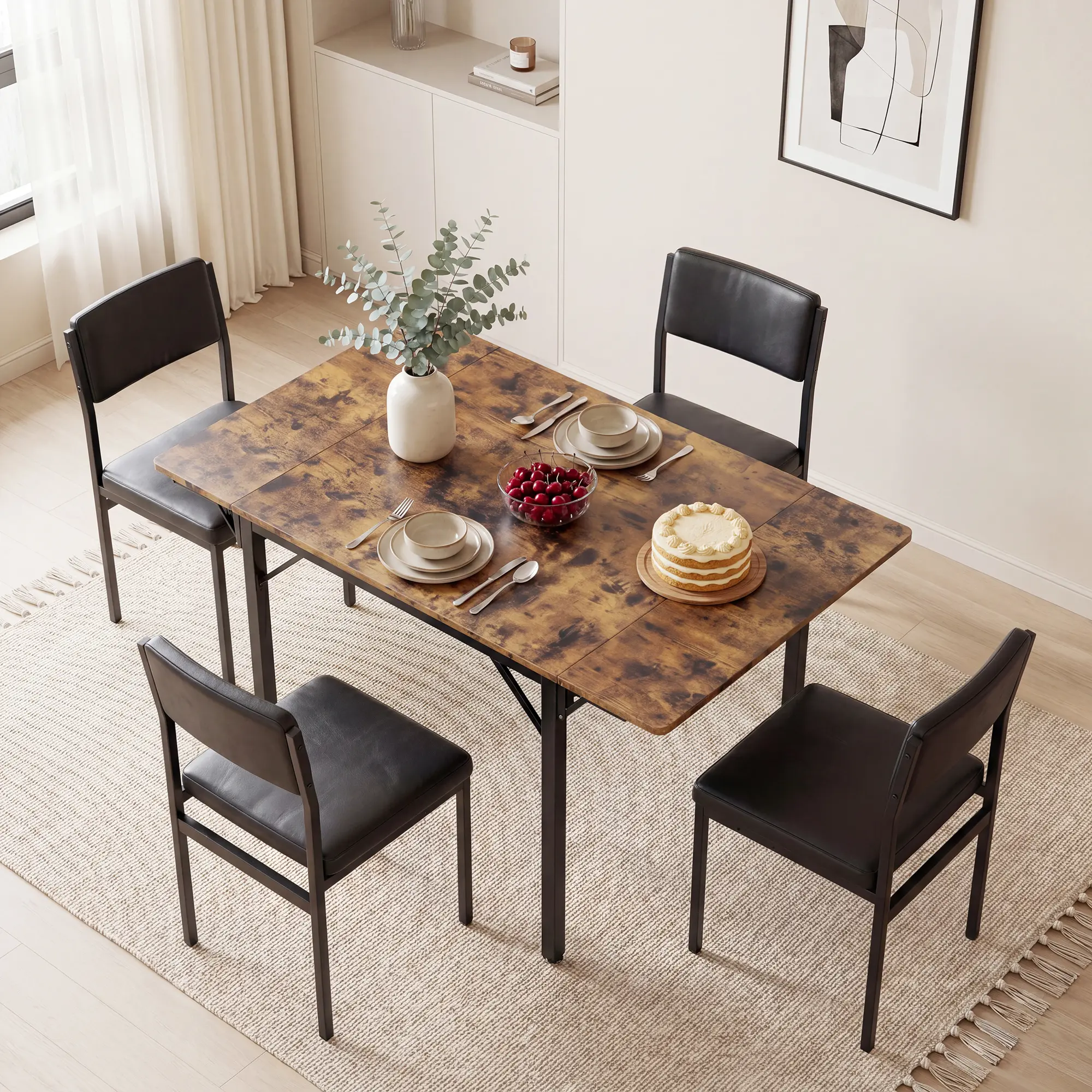 Folding Drop Leaf Dining Table for Small Spaces, Space-Saving Extendable Collapsible Kitchen Table - Metal Frame, Multipurpose for Apartment/Breakfast Nook, Easy Assembly NO Chair