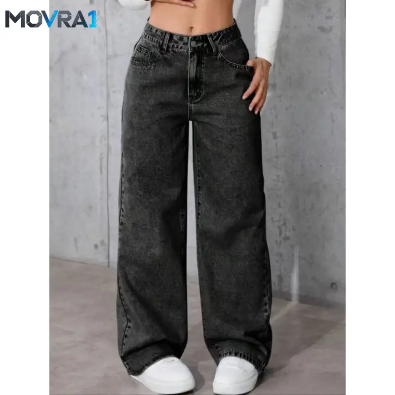 MOVRA1 Women's Casual Loose Straight Leg Washed Jeans, Boyfriend Pants, Pocket, Simple Style,, Comfortable Fit, Perfect Everyday Wear, Pants, Womenswear