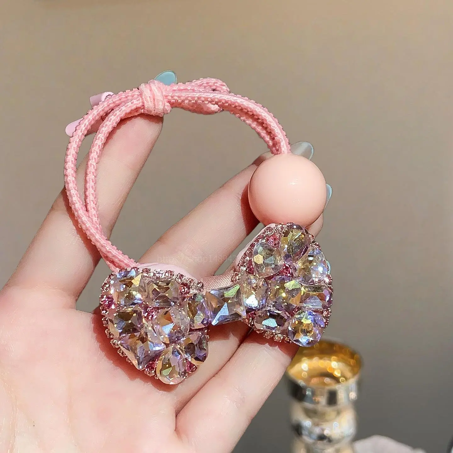 Sweet Pink Rhinestone Bow Hair Tie, High Elastic Double Strand Round Bead Ponytail Holder, Korean Style Fashion Hair Rope, Delicate Hair Accessory for Women Girls Daily Wear