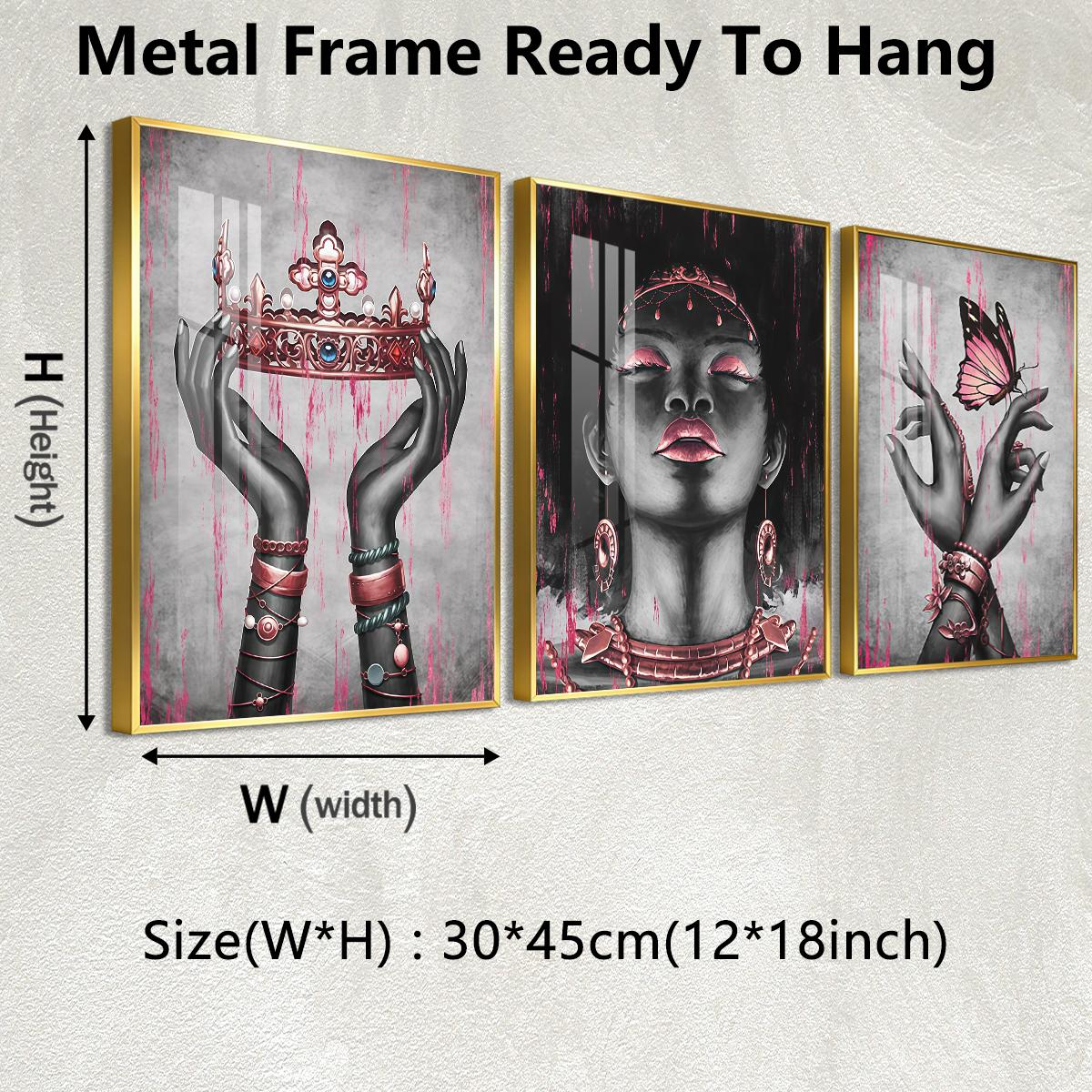 3 Counts Aluminum Alloy Framed Painting, Elegant Black And Pink Crown Butterfly Lady Artwork, Home Decoration For Living Room, Bedroom, Office, Restaurant, Hallway Wall Decor, Odorless Print Artwork, Luxury Perfect Gift For Friends And Family