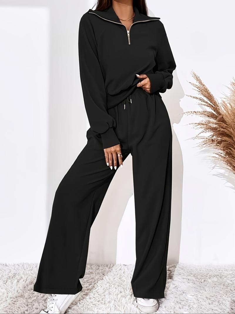 Pure Color Half-Zip Shoulder Pad Sporty Top Long Pants Set, Sweatsuit Set, Casual Loose-Fitting Fall, Regular Length Plain Design