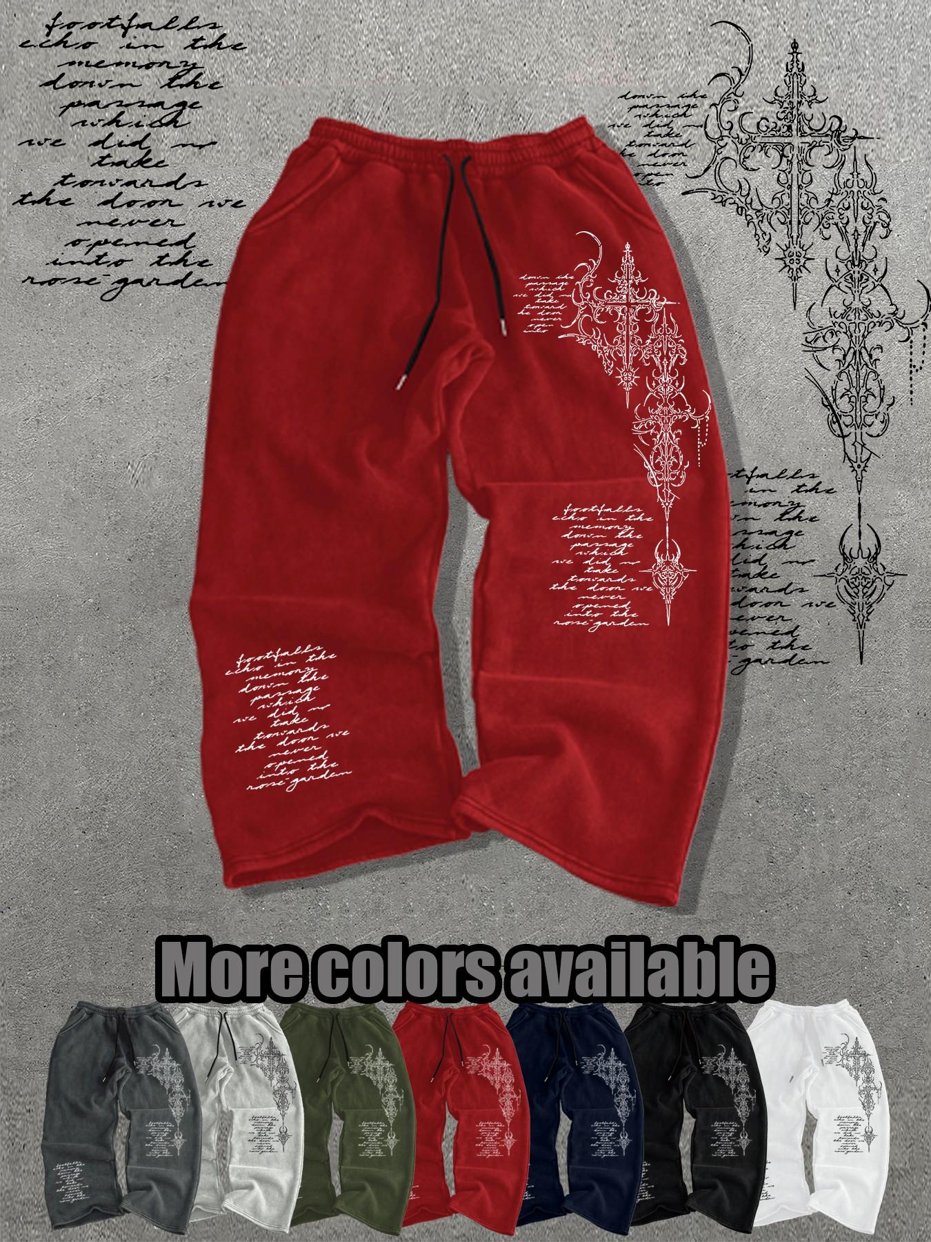 Men's Loose-Fit Graphic Pants, Drawstring Waist Long Pants, Streetwear Style, Casual Everyday Wear, Must-Have for Men's Closet